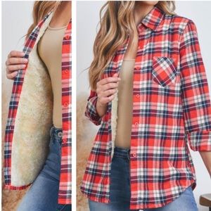 - Sherpa, fleece lined plaid Flannel Top, plaid top